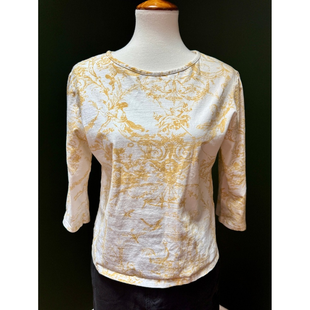 Vintage Daniel‎ Benjamin White and Yellow Print 3/4 Sleeve Top Women's Size L